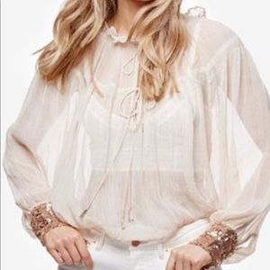 Free People sheer blouse w/ rose gold sequin cuffs